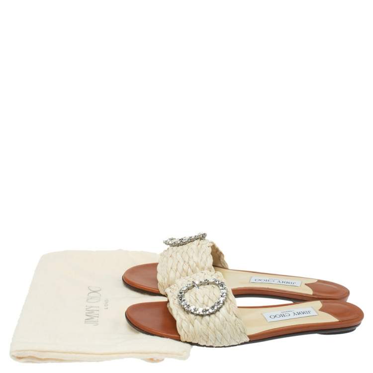 Pre Owned Jimmy Choo Cream/Brown Raffia Granger Crystal Embellished Slides Size 38