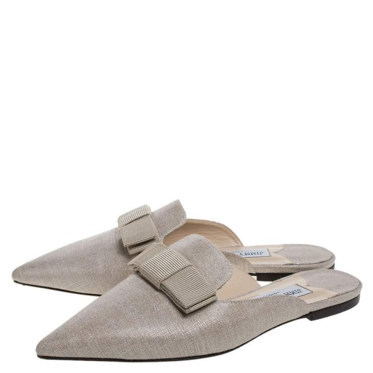 Pre Owned Jimmy Choo Beige Metallic Canvas Galaxy Bow Flat Mules Size 38