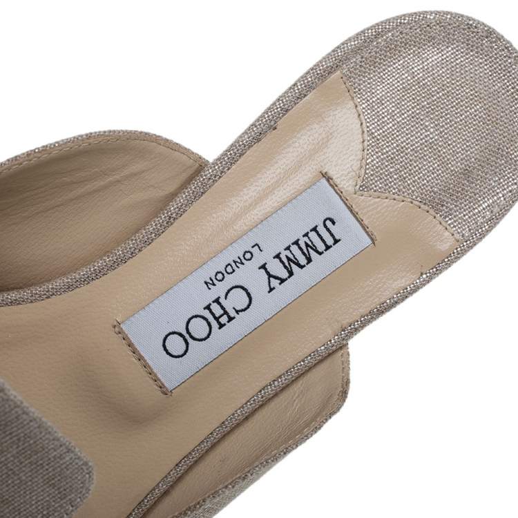 Pre Owned Jimmy Choo Beige Metallic Canvas Galaxy Bow Flat Mules Size 38