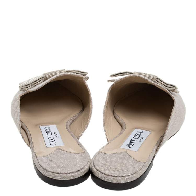 Pre Owned Jimmy Choo Beige Metallic Canvas Galaxy Bow Flat Mules Size 38