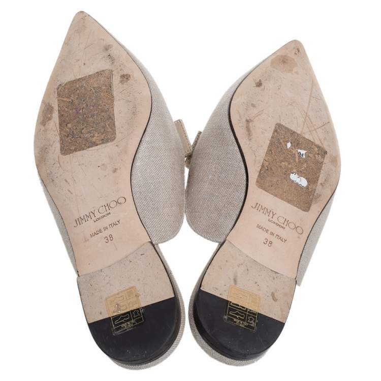 Pre Owned Jimmy Choo Beige Metallic Canvas Galaxy Bow Flat Mules Size 38