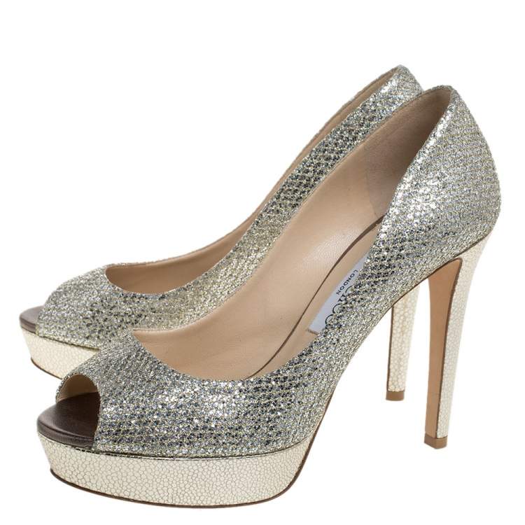 Pre Owned Jimmy Choo Gold Champagne Glitter Luna Peep Toe Platform Pumps Size 38