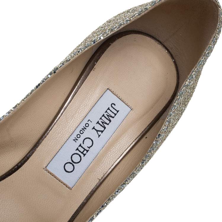 Pre Owned Jimmy Choo Gold Champagne Glitter Luna Peep Toe Platform Pumps Size 38