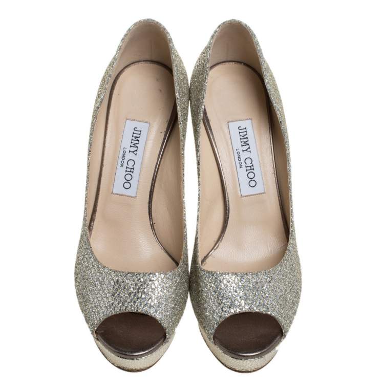 Pre Owned Jimmy Choo Gold Champagne Glitter Luna Peep Toe Platform Pumps Size 38