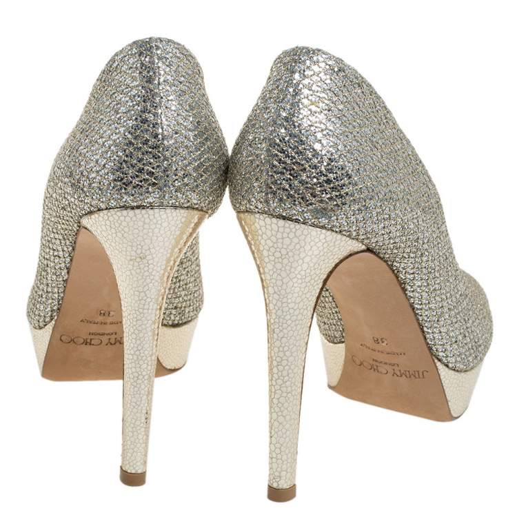 Pre Owned Jimmy Choo Gold Champagne Glitter Luna Peep Toe Platform Pumps Size 38