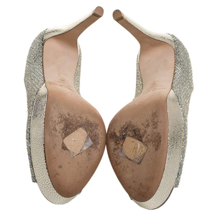 Pre Owned Jimmy Choo Gold Champagne Glitter Luna Peep Toe Platform Pumps Size 38