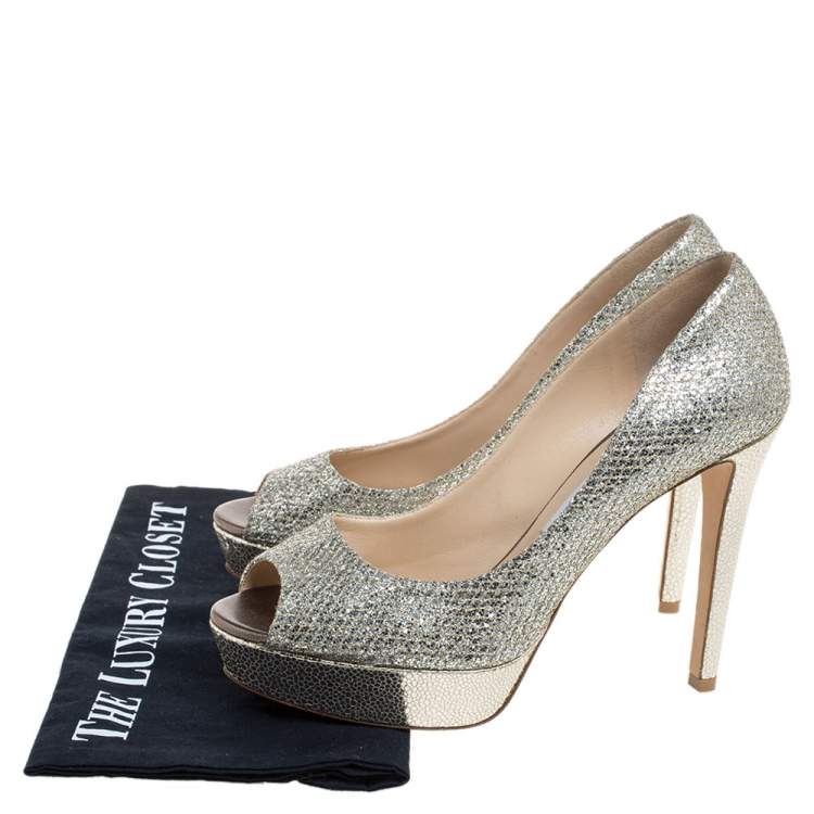 Pre Owned Jimmy Choo Gold Champagne Glitter Luna Peep Toe Platform Pumps Size 38