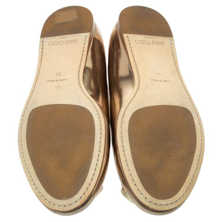 Pre Owned Jimmy Choo Gold Mirror Leather Buckle Toe Ballet Flats Size 38