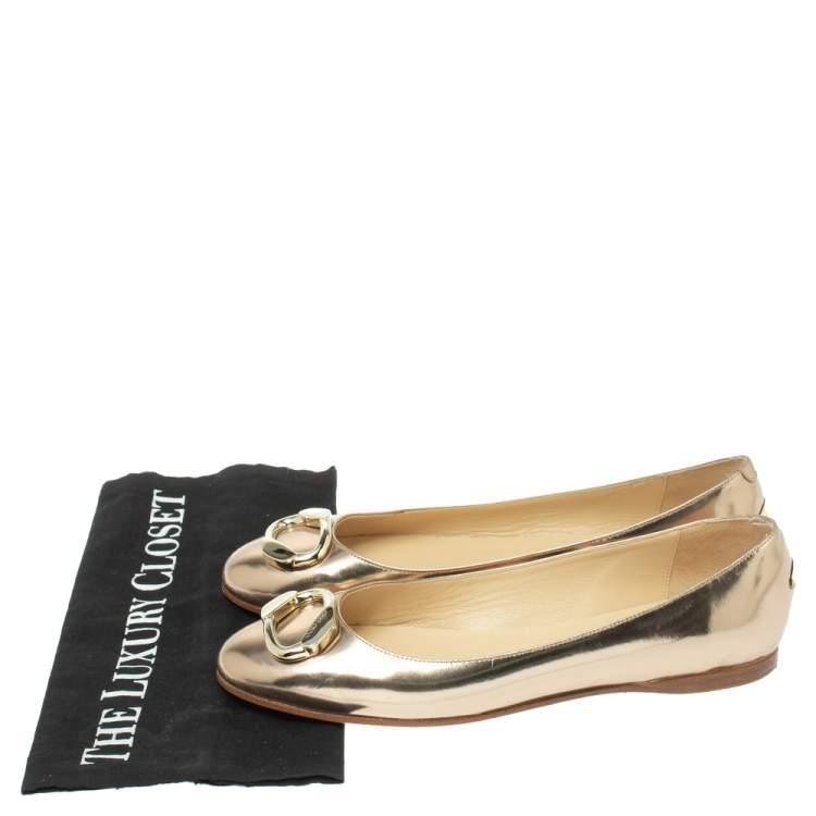 Pre Owned Jimmy Choo Gold Mirror Leather Buckle Toe Ballet Flats Size 38