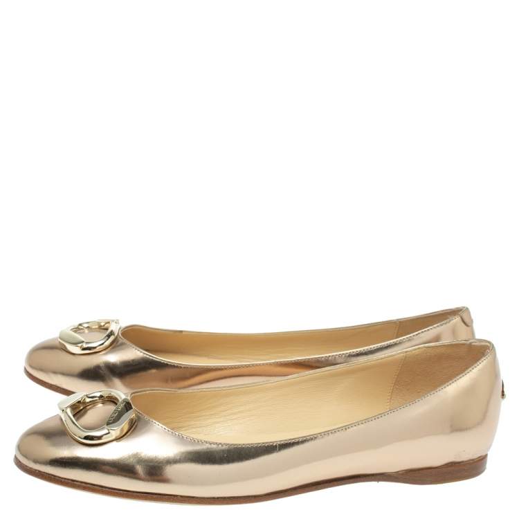 Pre Owned Jimmy Choo Gold Mirror Leather Buckle Toe Ballet Flats Size 38
