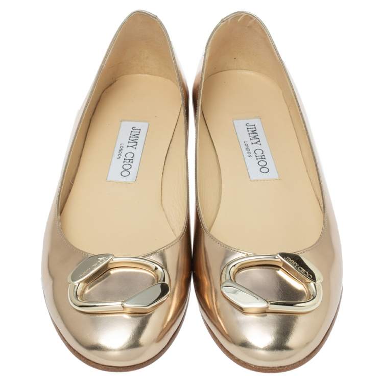 Pre Owned Jimmy Choo Gold Mirror Leather Buckle Toe Ballet Flats Size 38