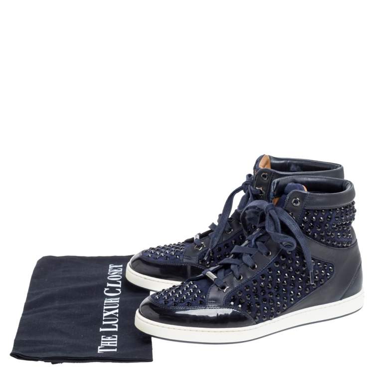Pre Owned Jimmy Choo Blue/Black Leather and Suede Studded High Top  Sneakers Size 38