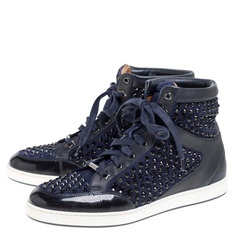 Pre Owned Jimmy Choo Blue/Black Leather and Suede Studded High Top  Sneakers Size 38