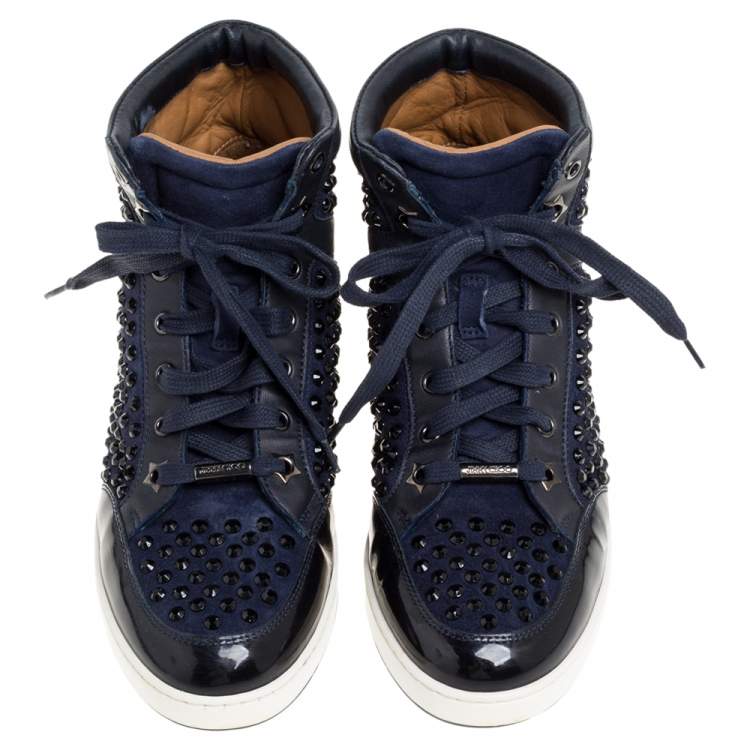 Pre Owned Jimmy Choo Blue/Black Leather and Suede Studded High Top  Sneakers Size 38