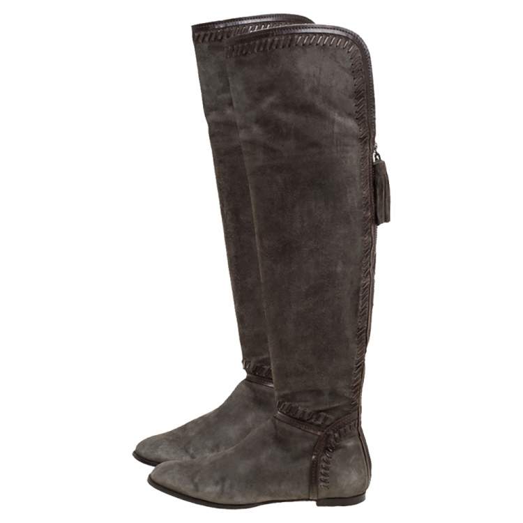 Pre Owned Jimmy Choo Khaki Green Suede High Knee Boots Size 37.5