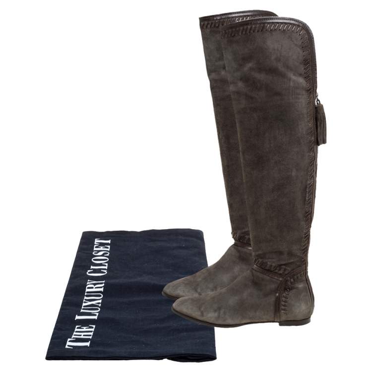 Pre Owned Jimmy Choo Khaki Green Suede High Knee Boots Size 37.5
