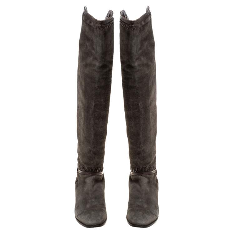 Pre Owned Jimmy Choo Khaki Green Suede High Knee Boots Size 37.5