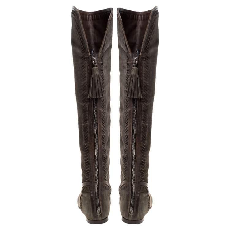 Pre Owned Jimmy Choo Khaki Green Suede High Knee Boots Size 37.5