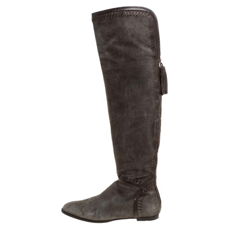 Pre Owned Jimmy Choo Khaki Green Suede High Knee Boots Size 37.5
