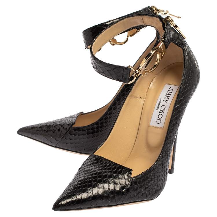 Pre Owned Jimmy Choo Black Python Devote Handcuff Ankle Strap Pumps Size 37