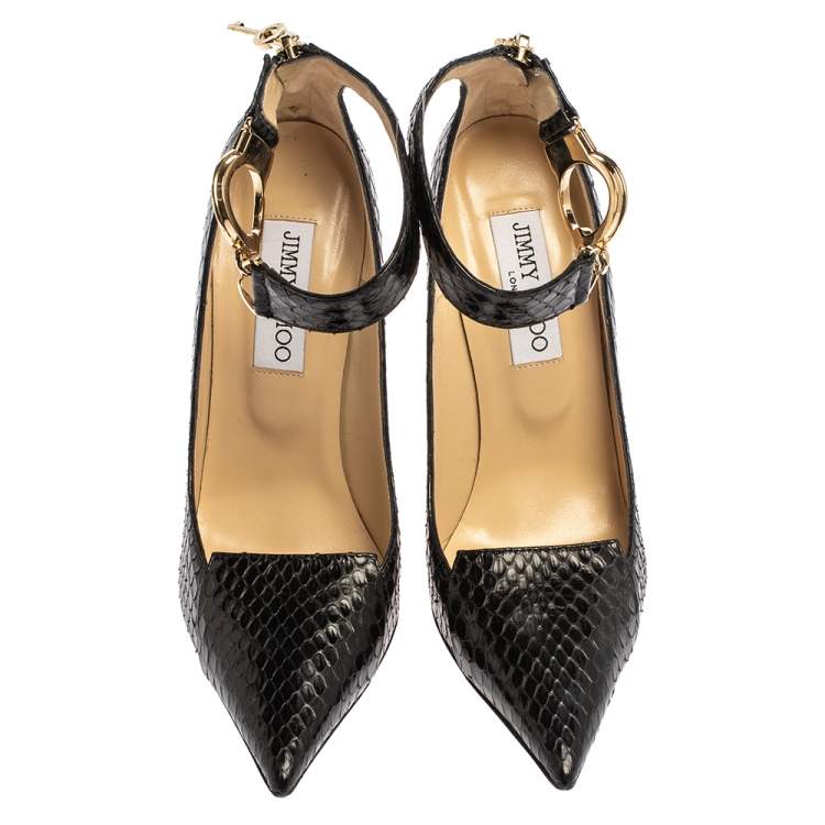 Pre Owned Jimmy Choo Black Python Devote Handcuff Ankle Strap Pumps Size 37