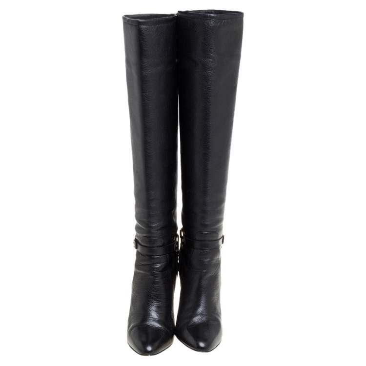 Pre Owned Jimmy Choo Black Leather Knee Length Pointed Toe Boots Size 38.5