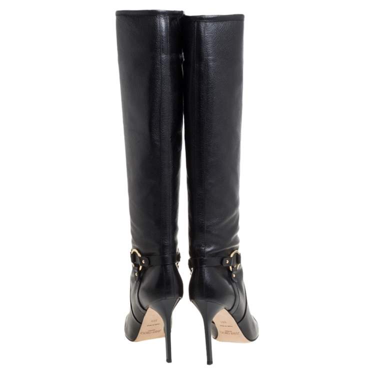 Pre Owned Jimmy Choo Black Leather Knee Length Pointed Toe Boots Size 38.5