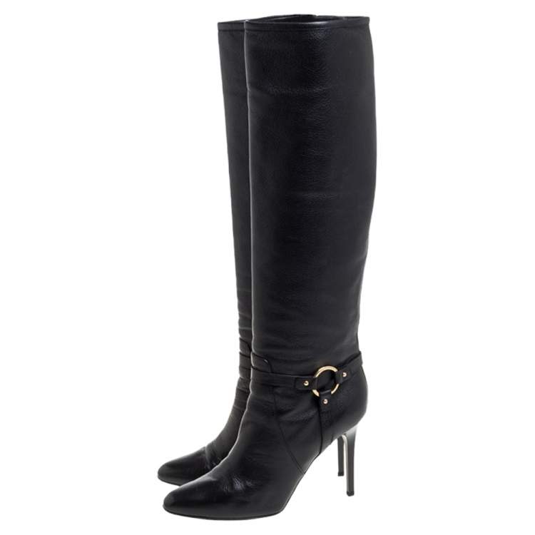 Pre Owned Jimmy Choo Black Leather Knee Length Pointed Toe Boots Size 38.5