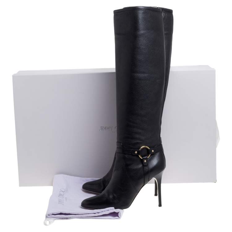 Pre Owned Jimmy Choo Black Leather Knee Length Pointed Toe Boots Size 38.5