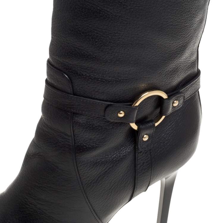 Pre Owned Jimmy Choo Black Leather Knee Length Pointed Toe Boots Size 38.5