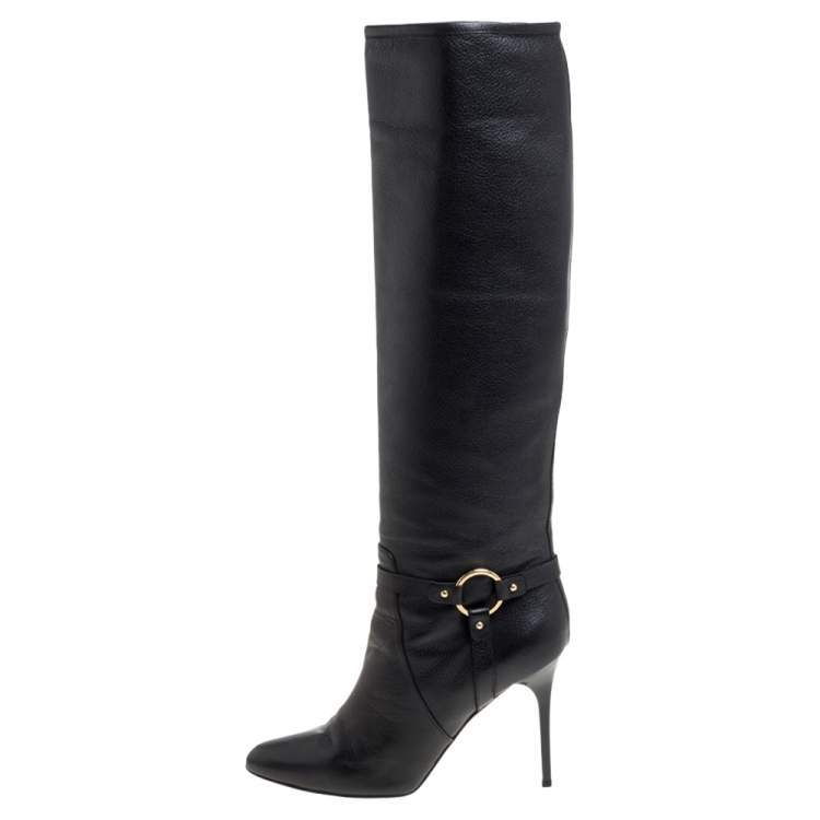 Pre Owned Jimmy Choo Black Leather Knee Length Pointed Toe Boots Size 38.5