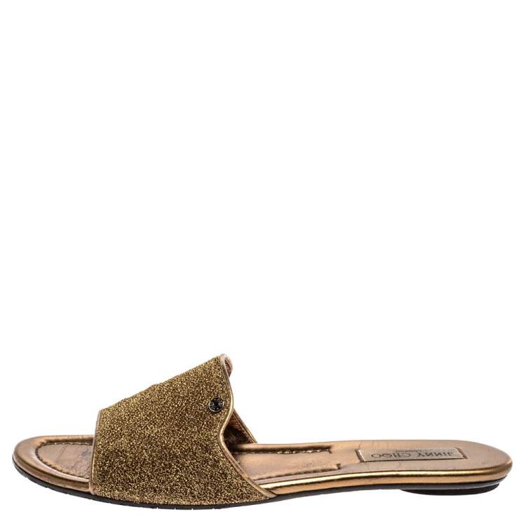 Pre Owned Jimmy Choo Metallic Gold Glitter Fabric Nanda Flat Slides Size 42