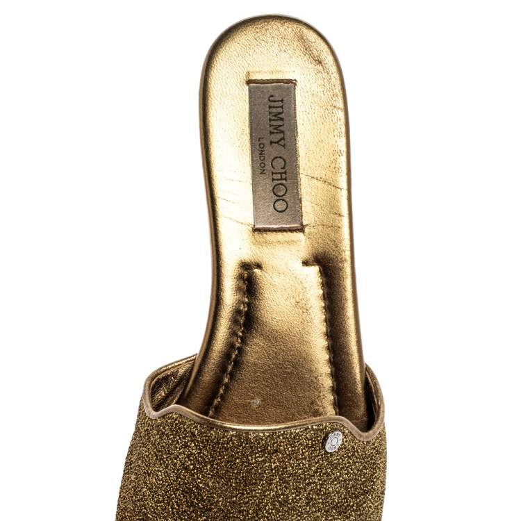Pre Owned Jimmy Choo Metallic Gold Glitter Fabric Nanda Flat Slides Size 42