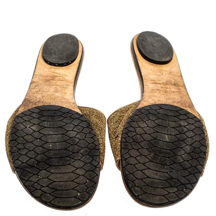Pre Owned Jimmy Choo Metallic Gold Glitter Fabric Nanda Flat Slides Size 42
