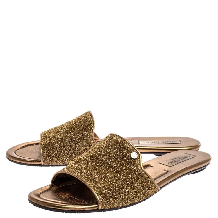Pre Owned Jimmy Choo Metallic Gold Glitter Fabric Nanda Flat Slides Size 42