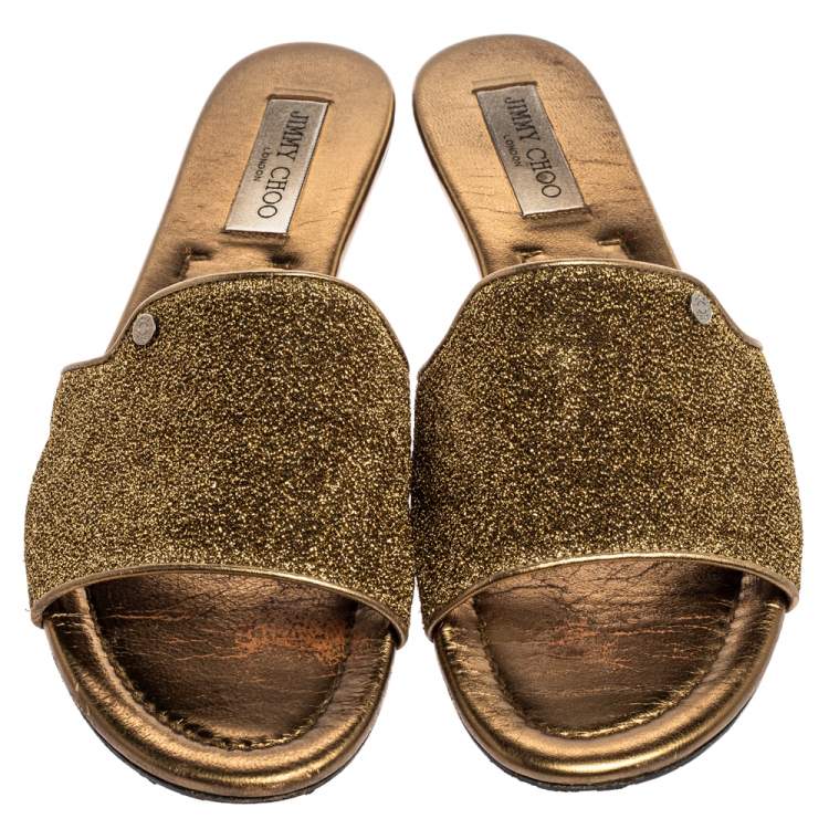 Pre Owned Jimmy Choo Metallic Gold Glitter Fabric Nanda Flat Slides Size 42