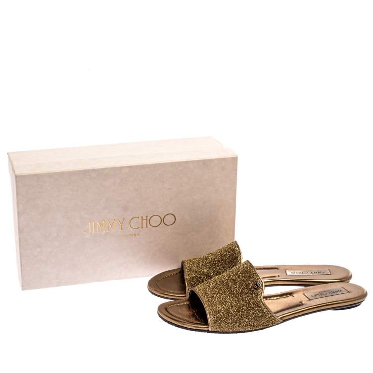 Pre Owned Jimmy Choo Metallic Gold Glitter Fabric Nanda Flat Slides Size 42