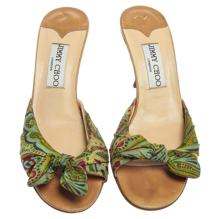 Pre Owned Jimmy Choo Multicolor Printed Satin Knot Slide Sandals Size 38