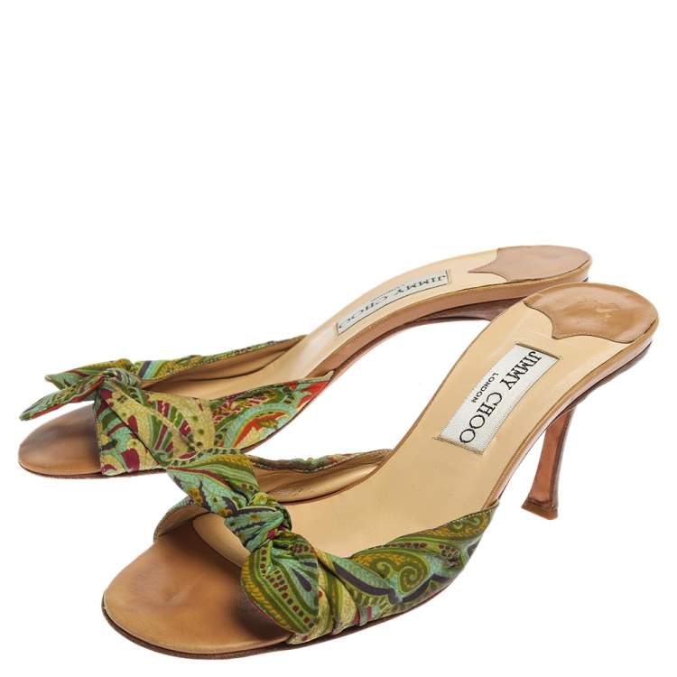 Pre Owned Jimmy Choo Multicolor Printed Satin Knot Slide Sandals Size 38