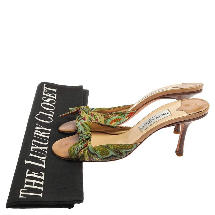 Pre Owned Jimmy Choo Multicolor Printed Satin Knot Slide Sandals Size 38