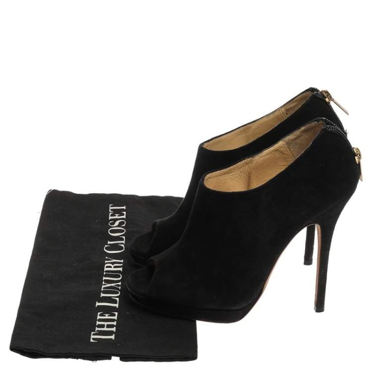 Pre Owned Jimmy Choo Black Suede Glint Peep Toe Ankle Booties Size 37