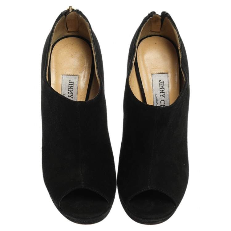 Pre Owned Jimmy Choo Black Suede Glint Peep Toe Ankle Booties Size 37