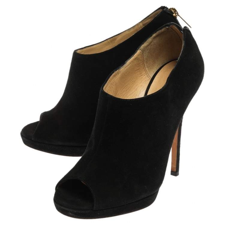 Pre Owned Jimmy Choo Black Suede Glint Peep Toe Ankle Booties Size 37