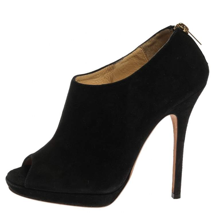 Pre Owned Jimmy Choo Black Suede Glint Peep Toe Ankle Booties Size 37