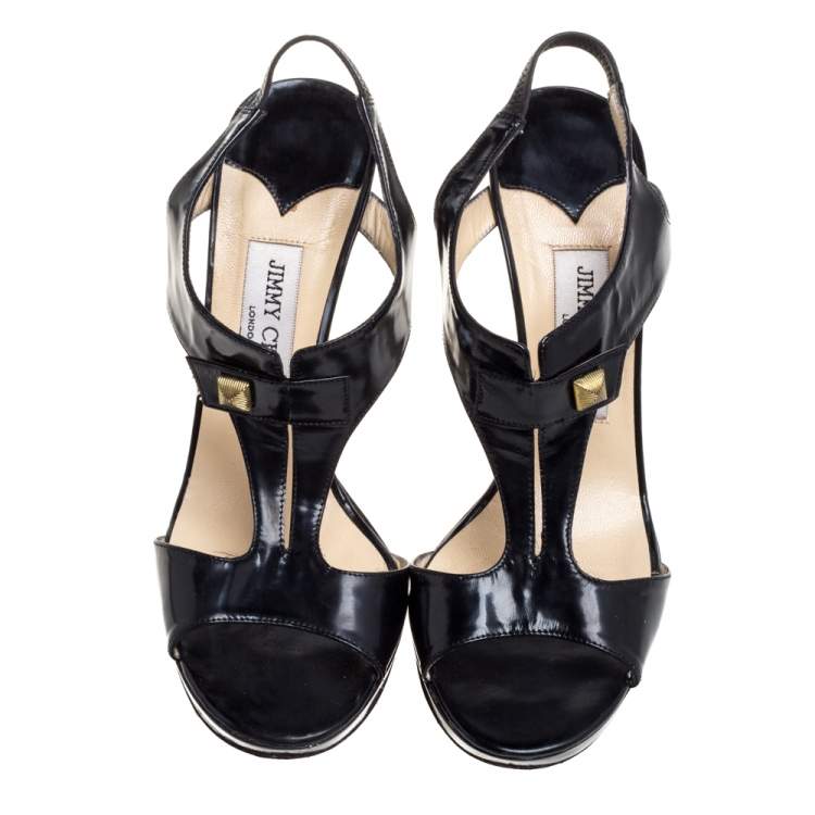 Pre Owned Jimmy Choo Black Leather T-Strap Slingback Sandals Size 39