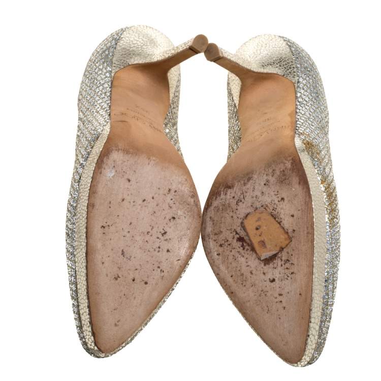 Pre Owned Jimmy Choo Silver Glitter Fabric And Lizard Embossed Leather Hope Platform Pumps Size 35.5