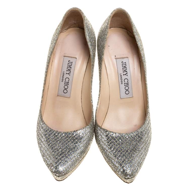 Pre Owned Jimmy Choo Silver Glitter Fabric And Lizard Embossed Leather Hope Platform Pumps Size 35.5