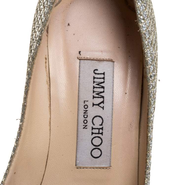 Pre Owned Jimmy Choo Silver Glitter Fabric And Lizard Embossed Leather Hope Platform Pumps Size 35.5