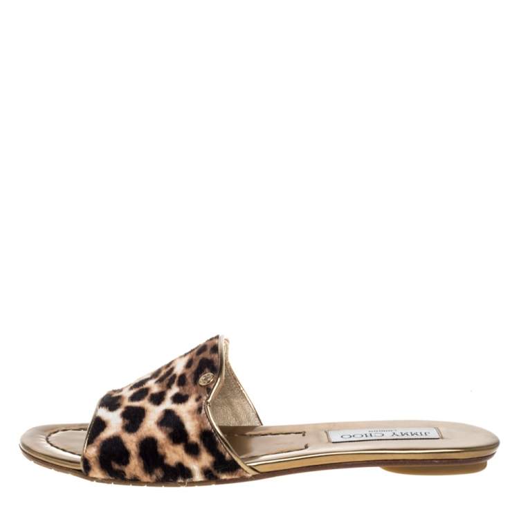Pre Owned Jimmy Choo Brown Leopard Print Pony Hair Nanda Flat Slides Size 38