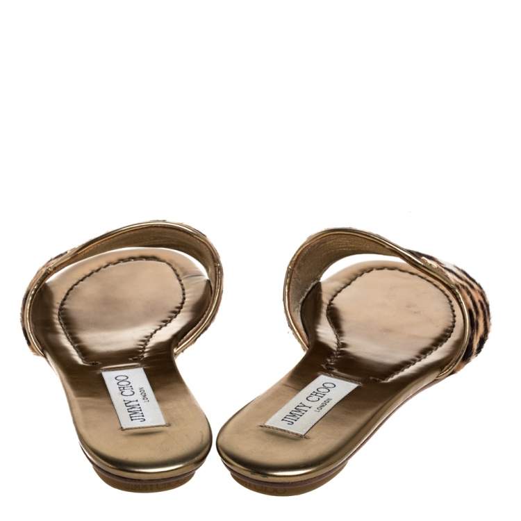 Pre Owned Jimmy Choo Brown Leopard Print Pony Hair Nanda Flat Slides Size 38